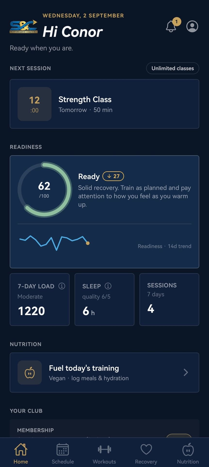 App home screen showing next session, readiness score, and today's nutrition prompt