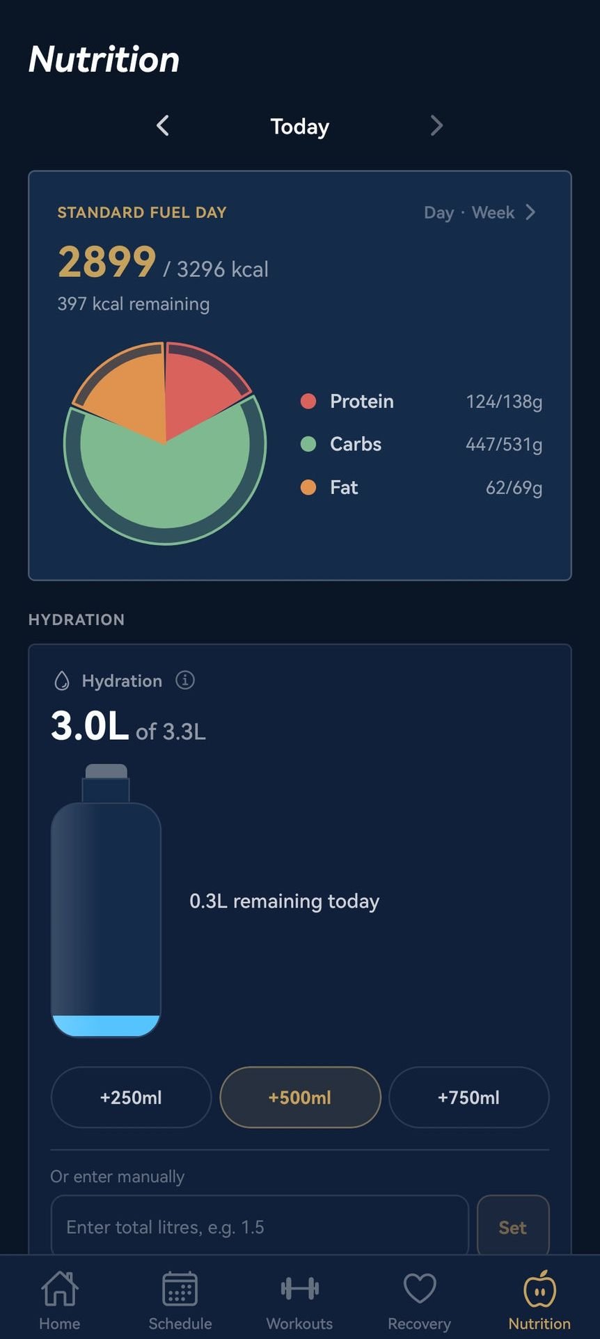 App nutrition screen showing today's calorie and macro progress and hydration tracking