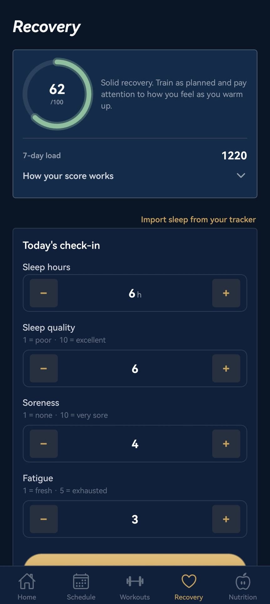 App recovery screen showing a readiness score and a daily check-in form