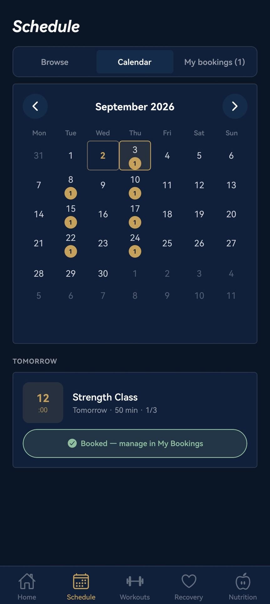 App schedule screen showing a monthly class calendar with a booked session