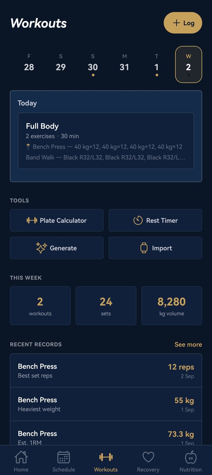 App workouts screen showing today's logged session and weekly training stats