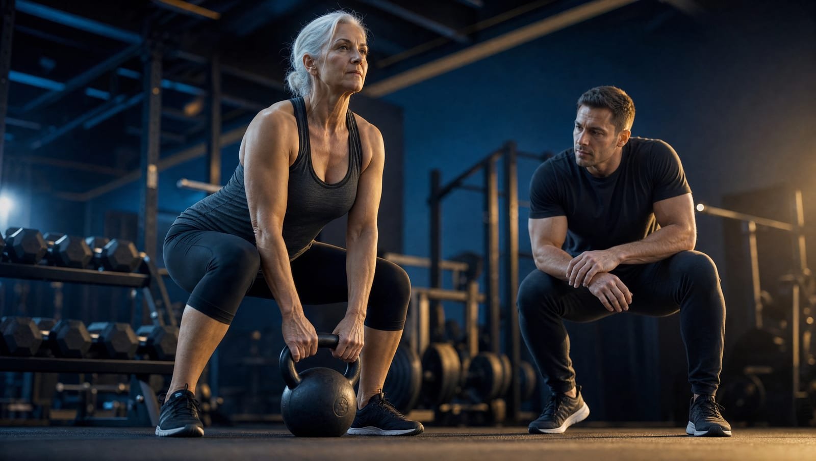An older athlete performing a kettlebell deadlift with a coach observing her form