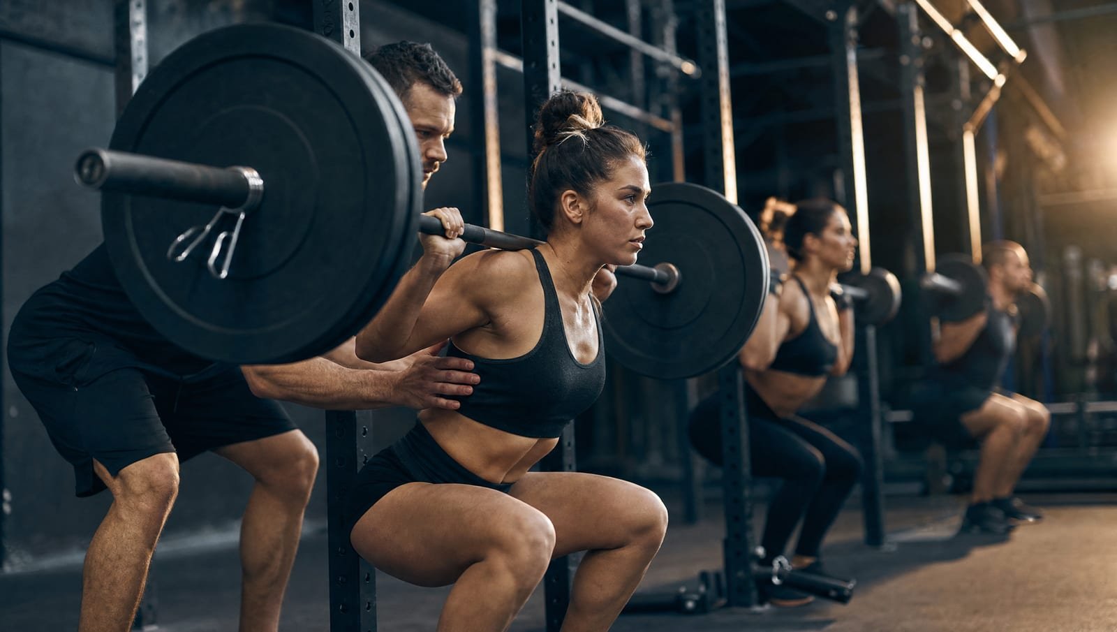 A coach spotting an athlete during a barbell back squat in a small-group training session